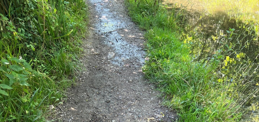 Pothole on the river side, nettles on the other.