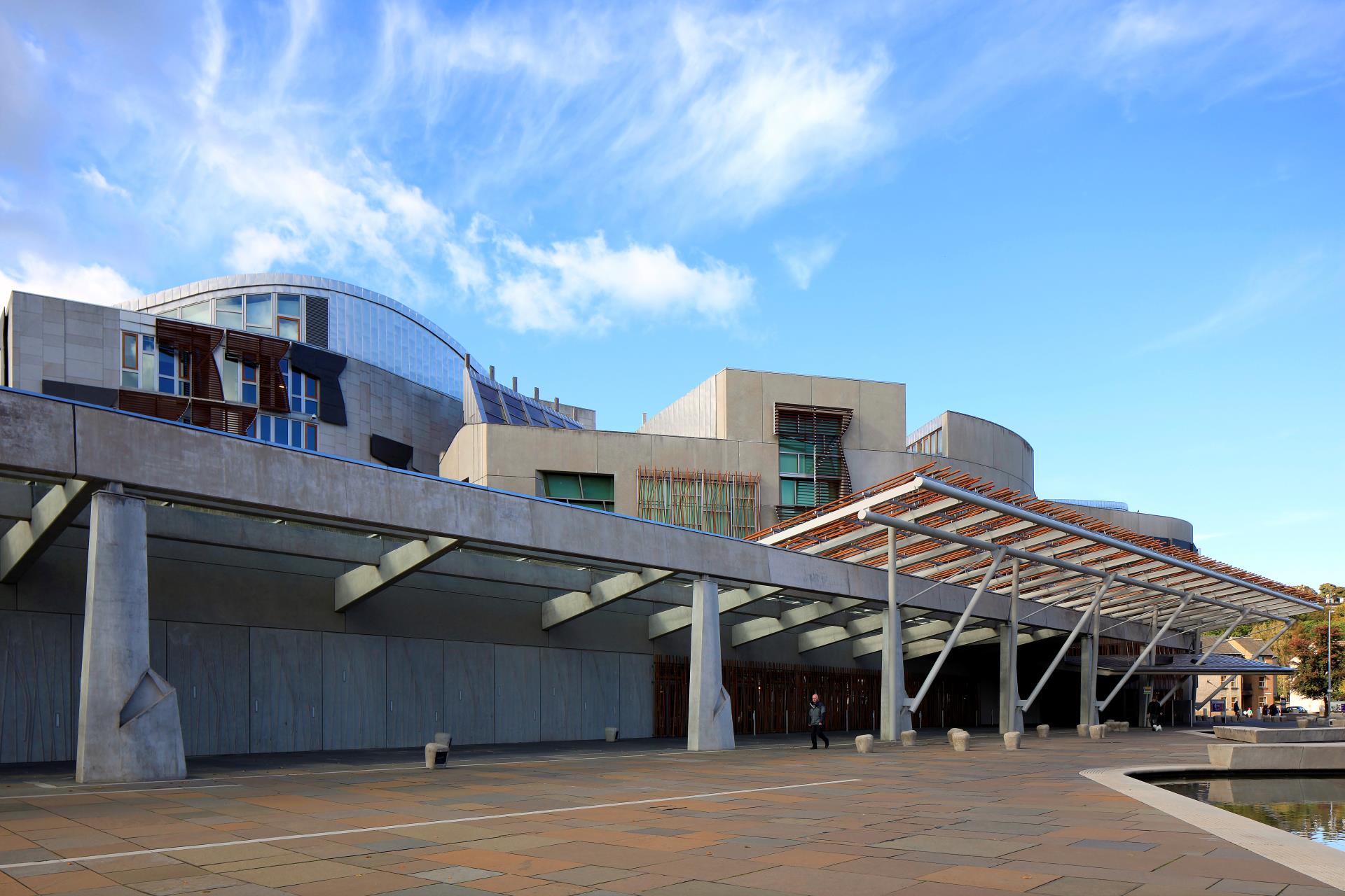 A view of the front of the Scottish Parliament building