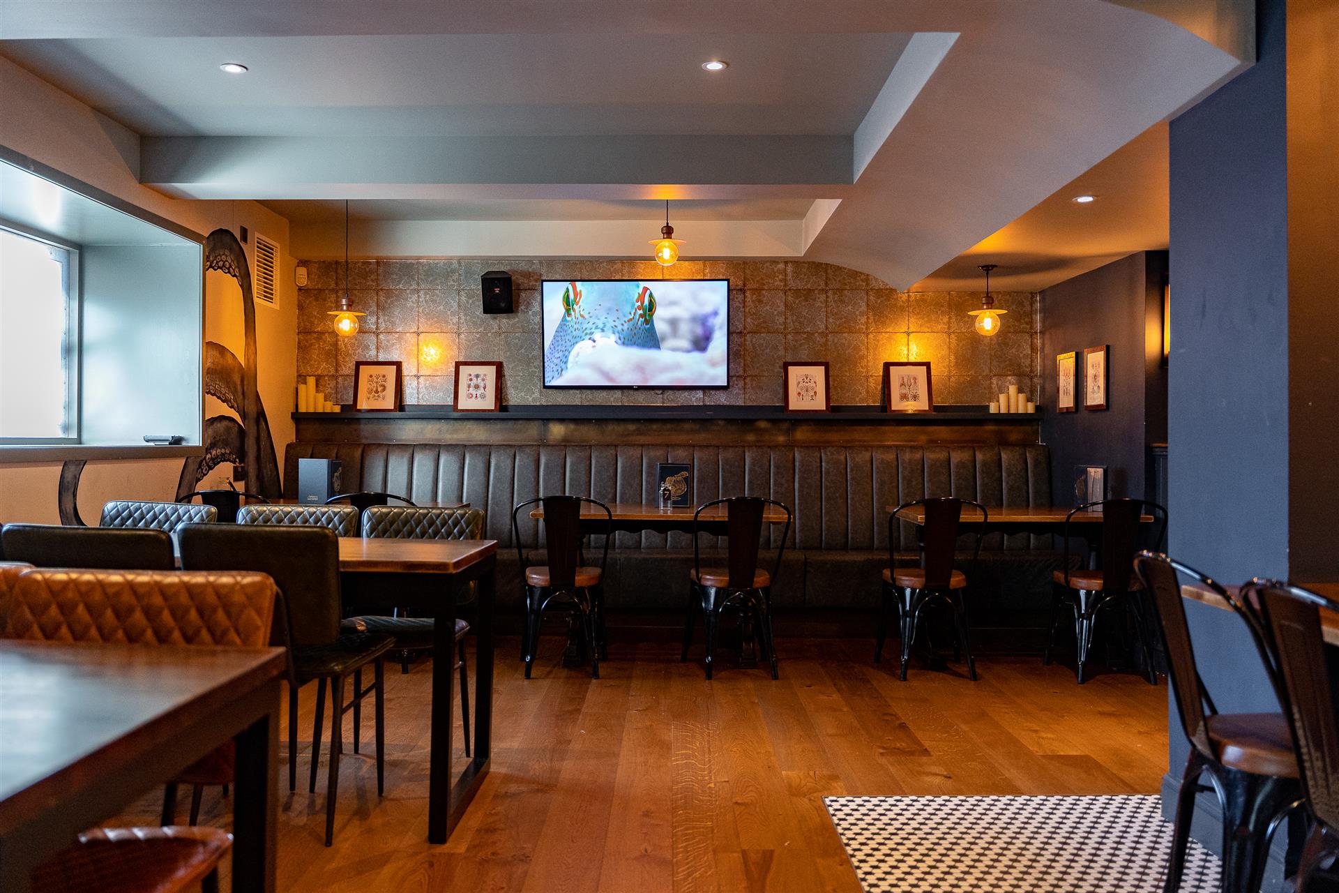 Image of main restaurant area located on the ground level showing various tables including soft booth seating and comfortable chairs with back rests. There is a TV on the wall, as there is throughout the venue, depicting a shot of our looping calming deep sea world videos.
