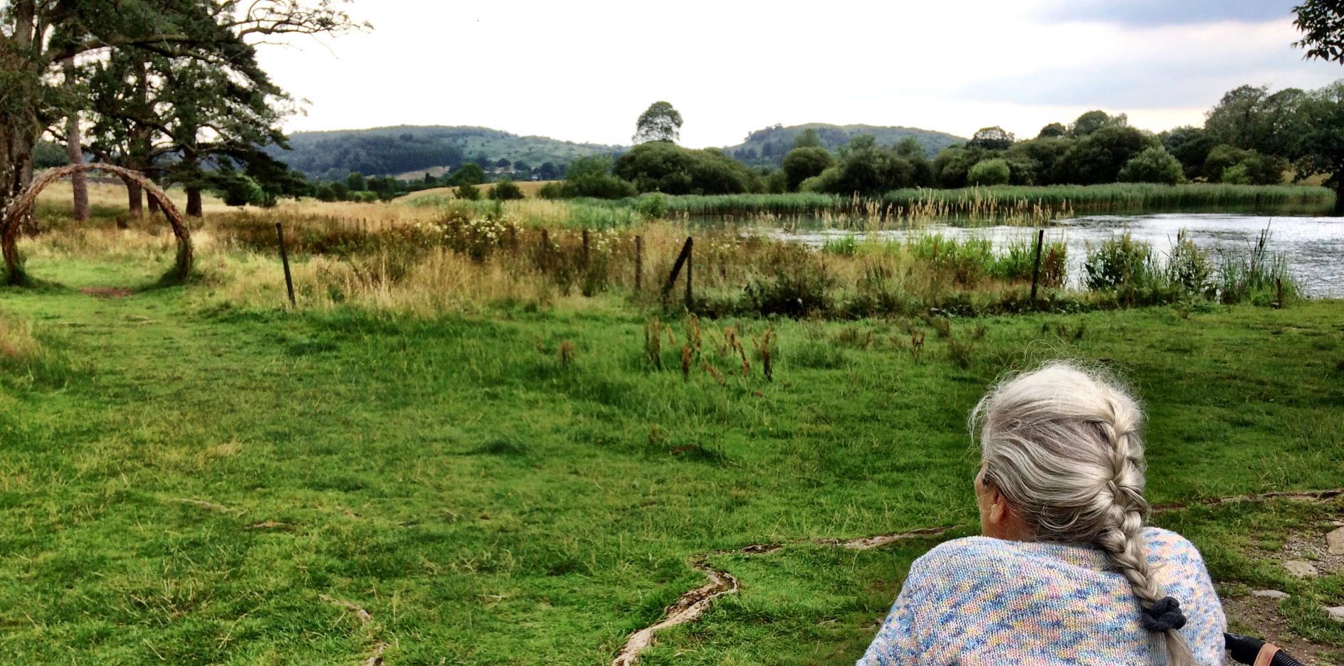 Photo shows a lady in a wheelchair looking out on to the meadow section of the park with the lake to her right. We were still on a hard packed path at this point.