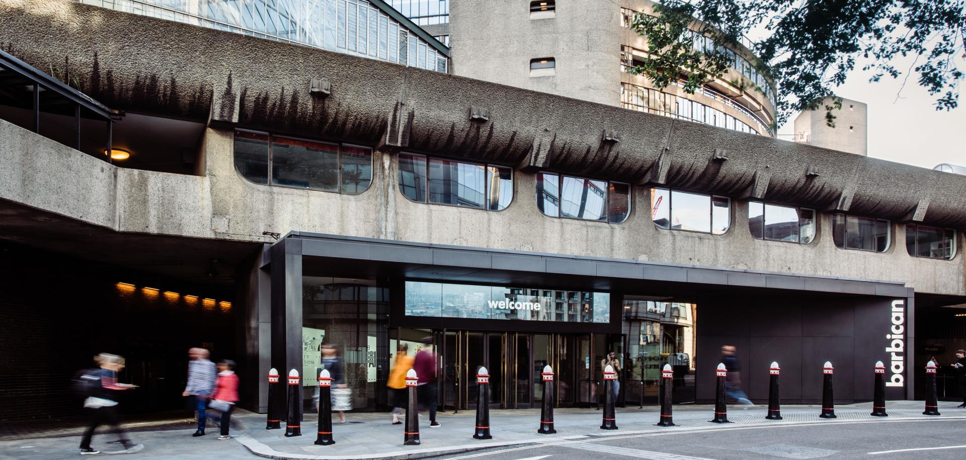 View of the Silk Street Entrance to the Barbican Centre.